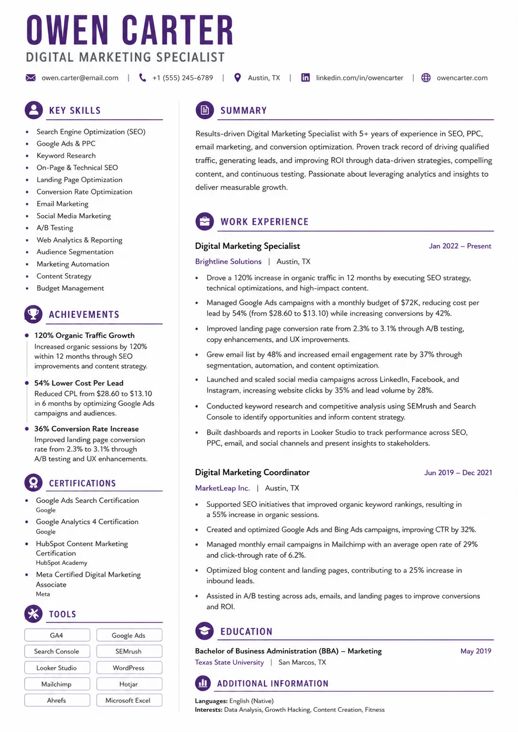 Digital Marketing resume preview