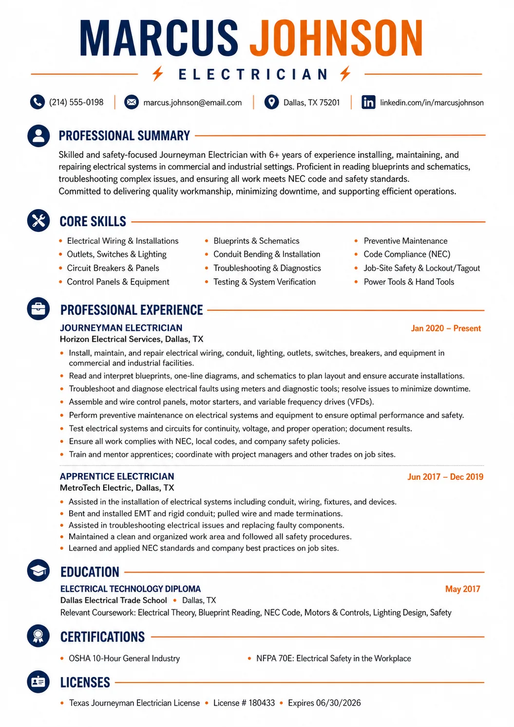 Electrician resume preview