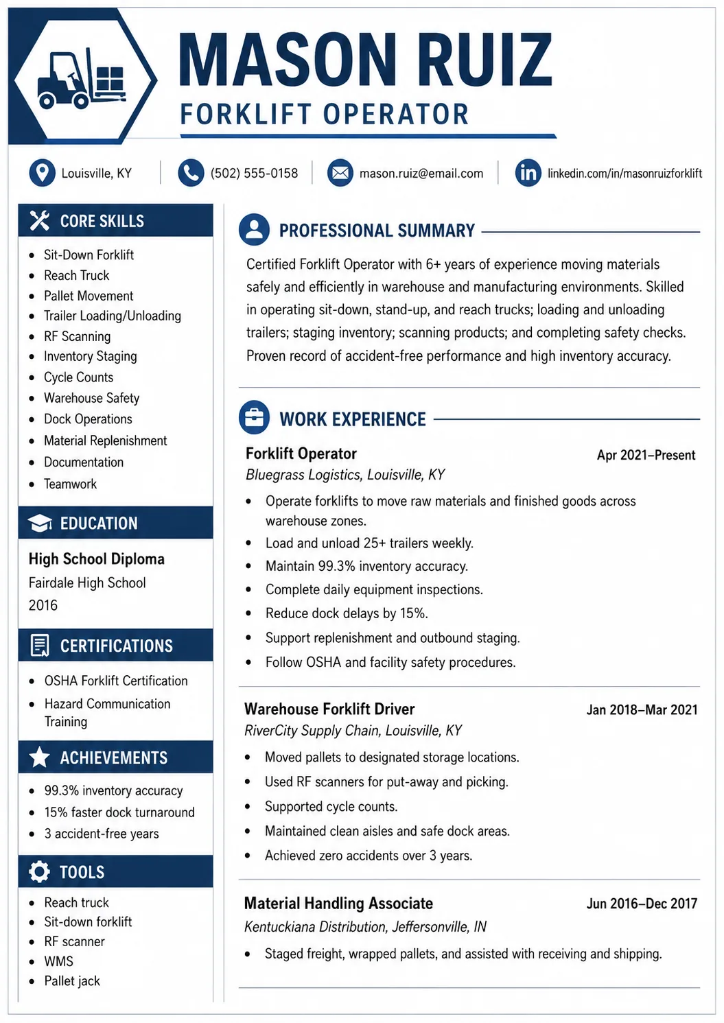 Forklift Operator resume preview