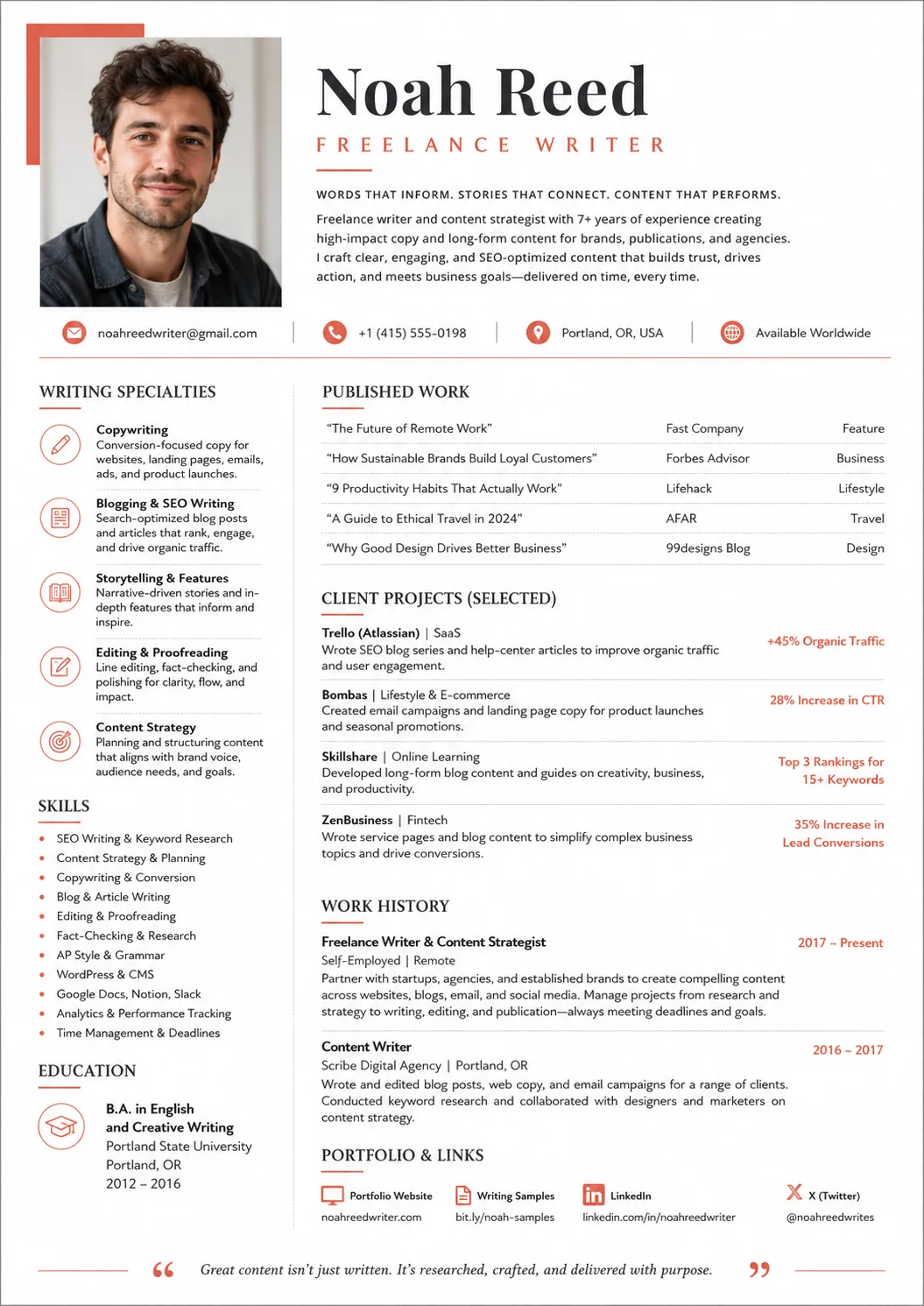Freelance Writer resume preview