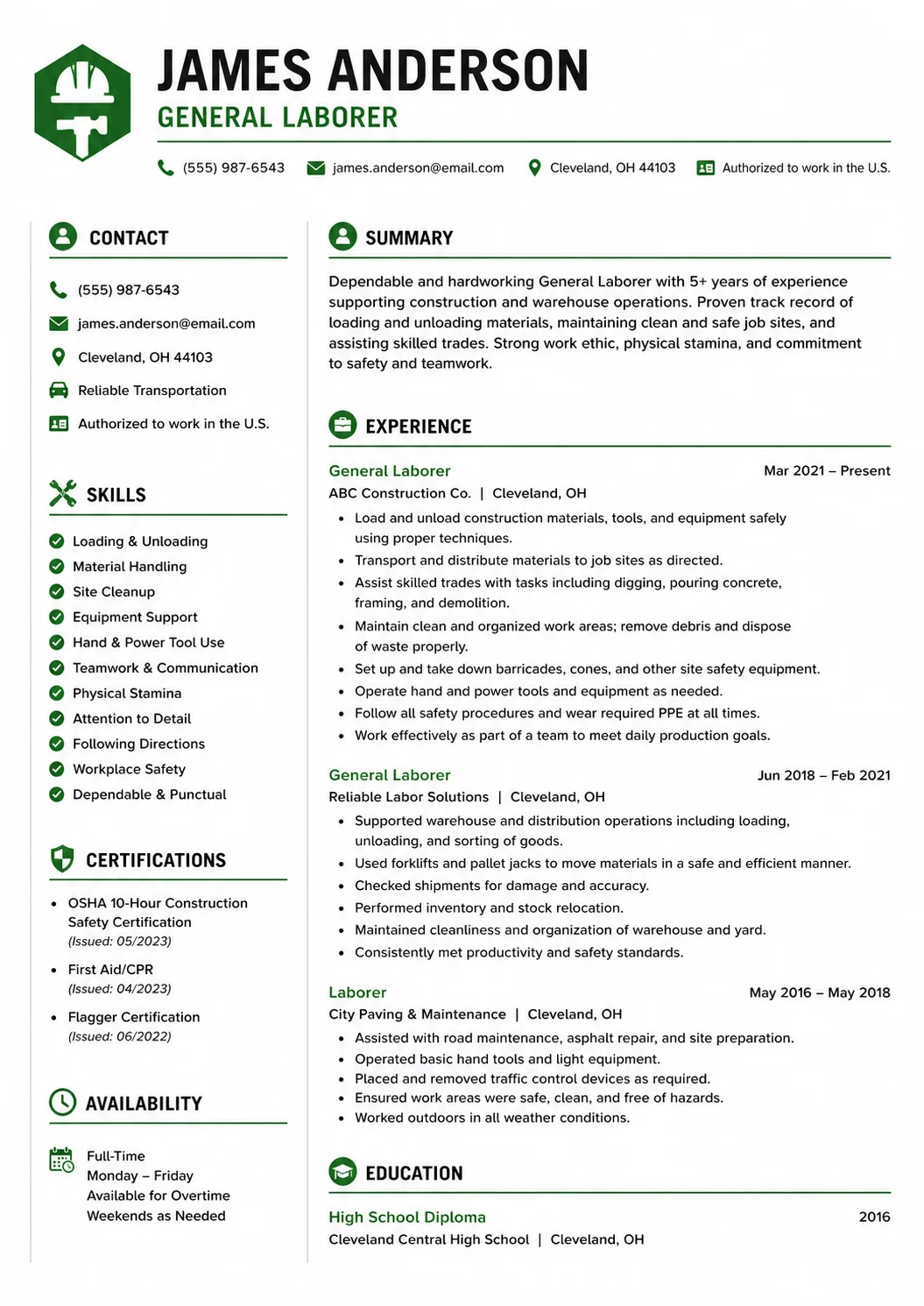 General Laborer resume preview