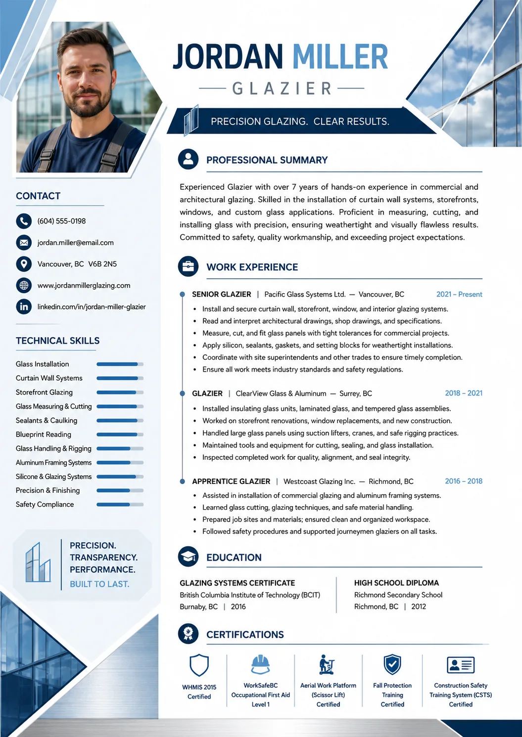 Glazier resume preview