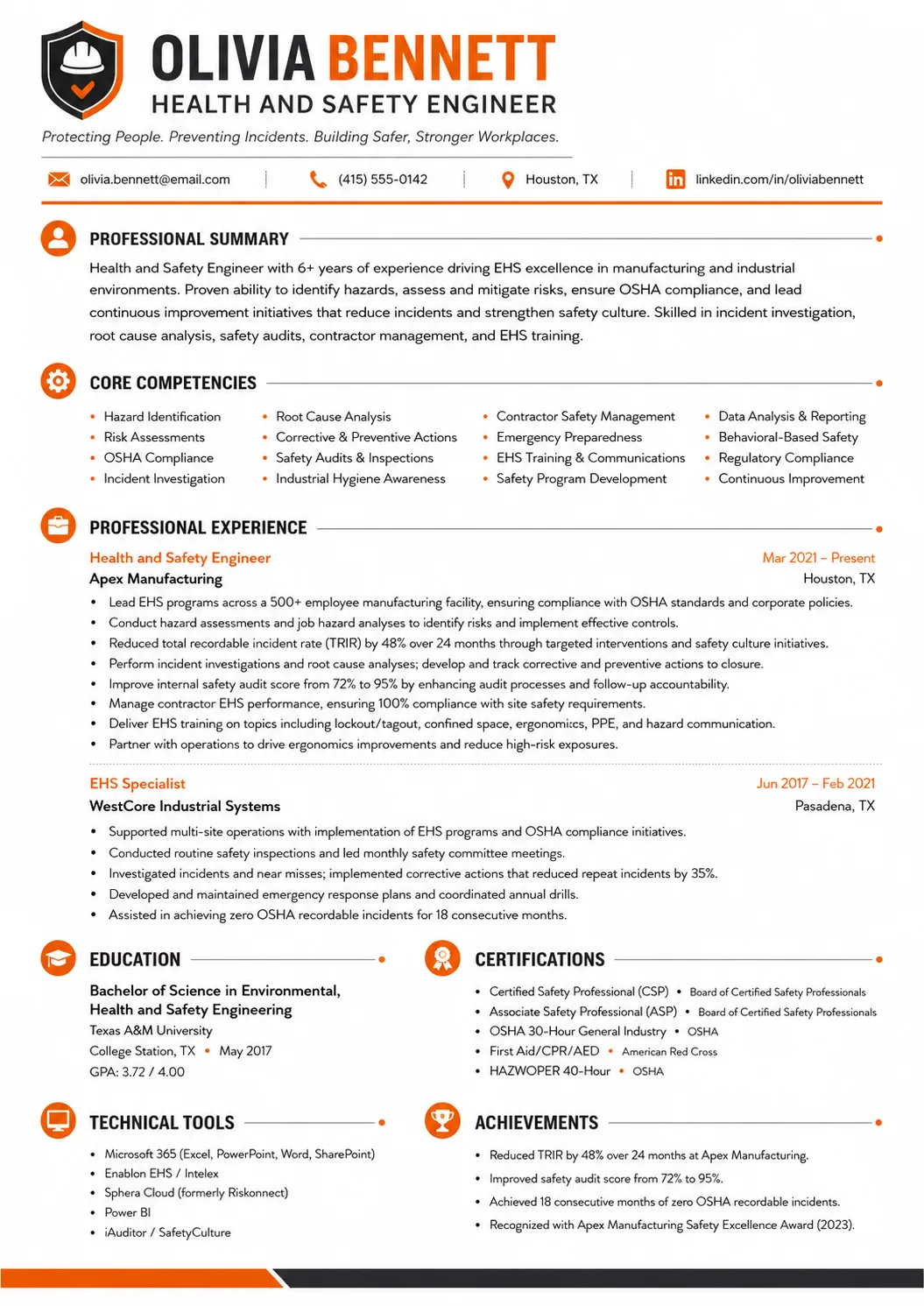 Health and Safety Engineer resume preview