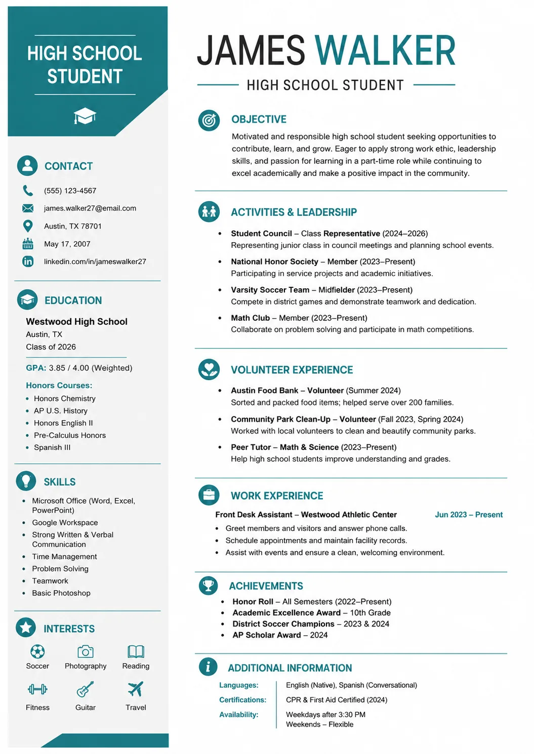 High School Student resume preview