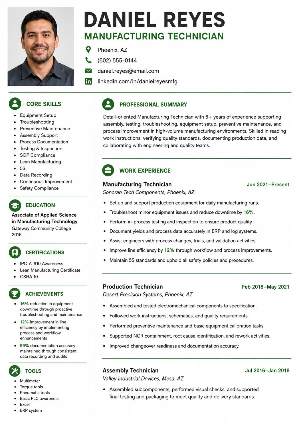 Manufacturing Technician resume preview
