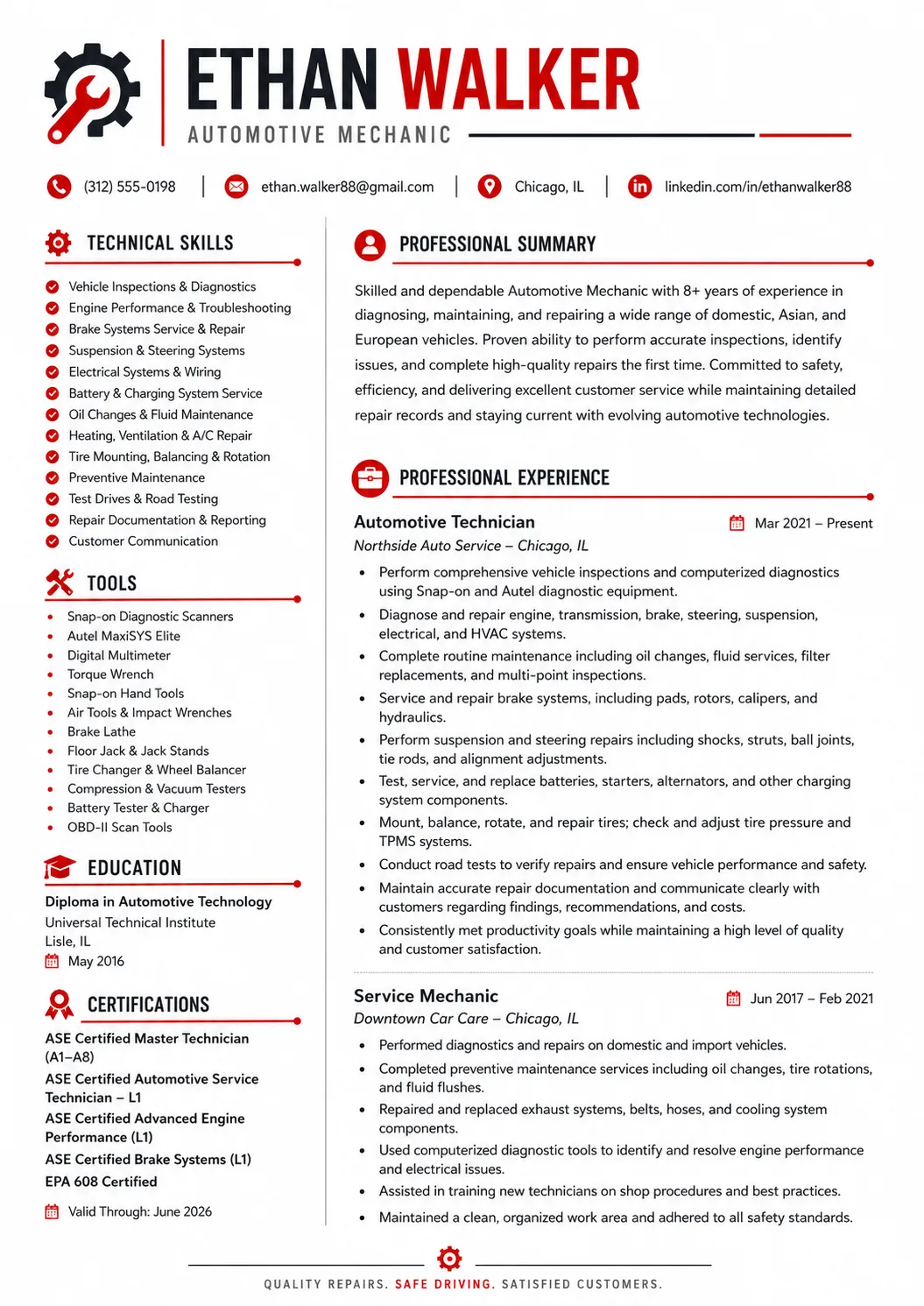 Mechanic resume preview