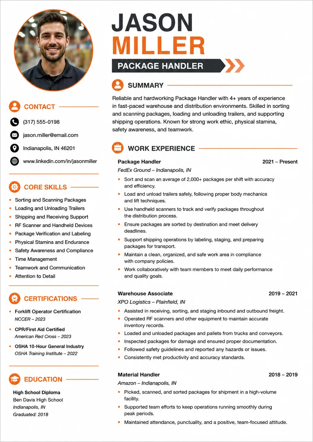 Package Handler resume preview