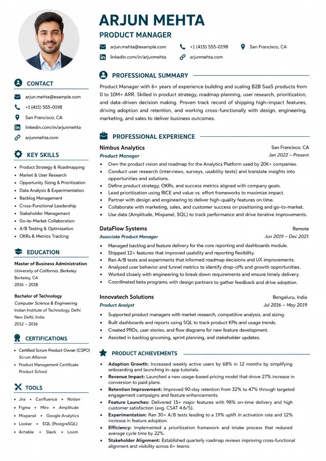 Product Manager resume preview