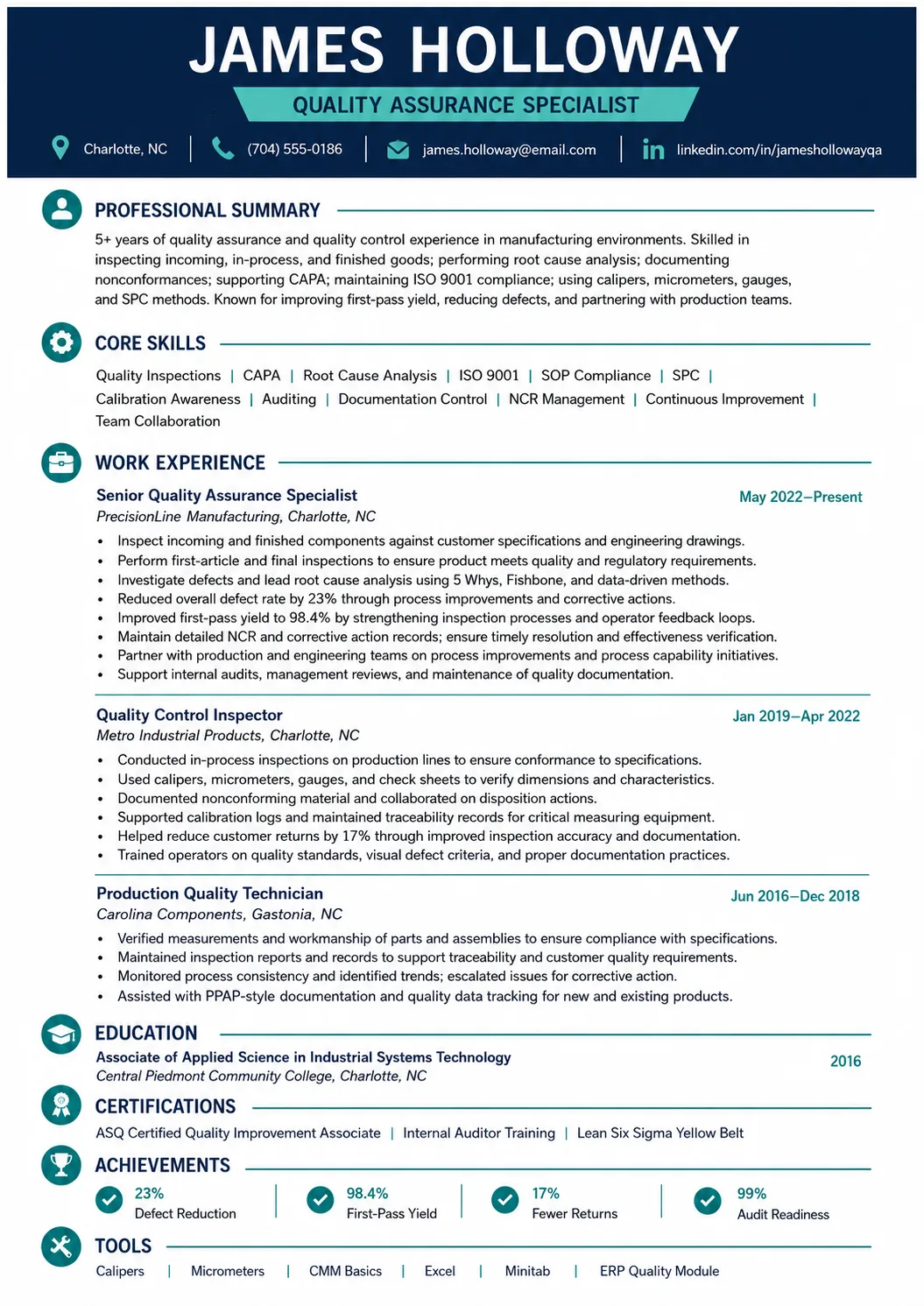Quality Assurance resume preview
