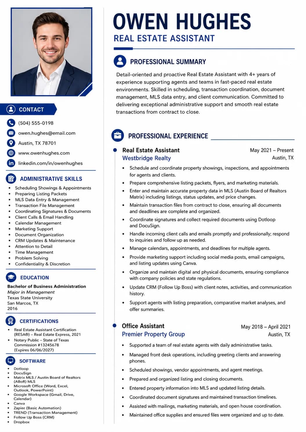 Real Estate Assistant resume preview
