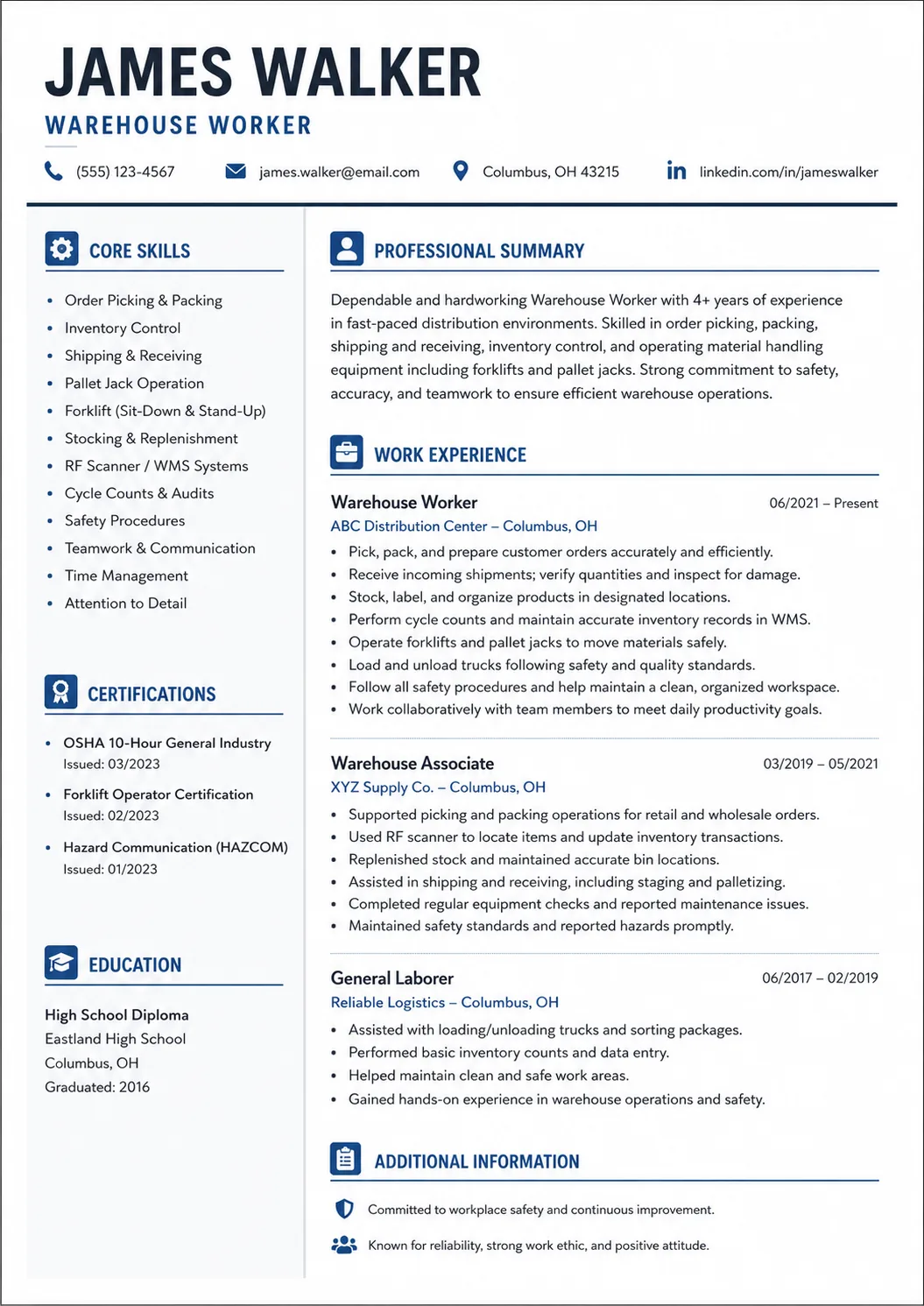 Warehouse Worker resume preview